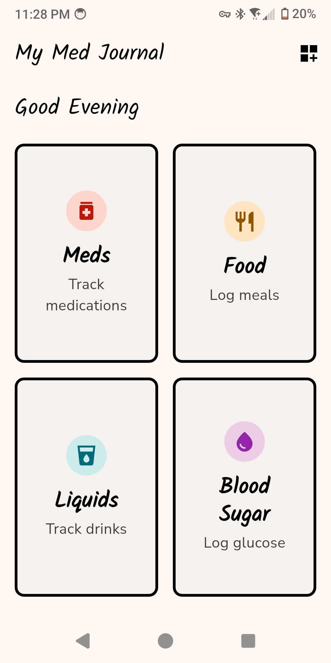 The My Med Journal dashboard: a friendly card grid for logging medications, food, liquids, and blood sugar