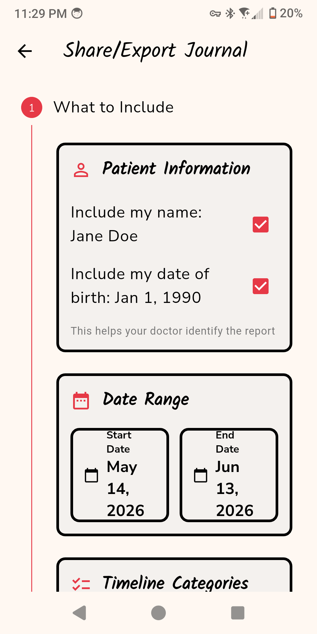The Share / Export screen building a doctor-ready report — choosing what to include and a date range
